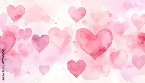 A soft watercolor background adorned with various shades of pink hearts, creating a romantic and dreamy atmosphere