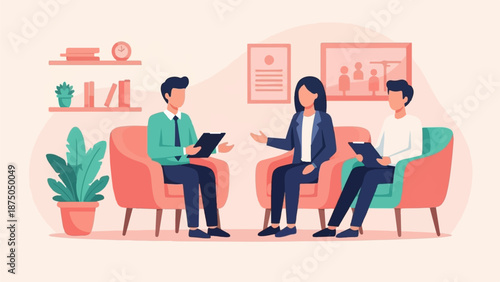 A vector illustration of three people in a therapy or counseling session, sitting in a cozy office