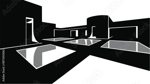 Modern minimalist architectural design with geometric shapes and reflective surfaces