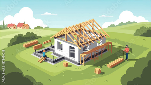A vector illustration of two people building a new house in a green, hilly countryside landscape