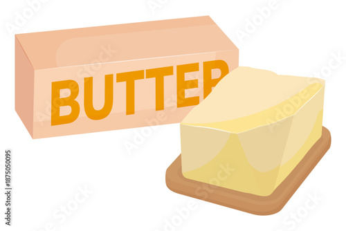 Vector illustration of a butter stick in packaging and a piece of fresh butter on a wooden board. Isolated on white background. Organic dairy product for cooking and breakfast.