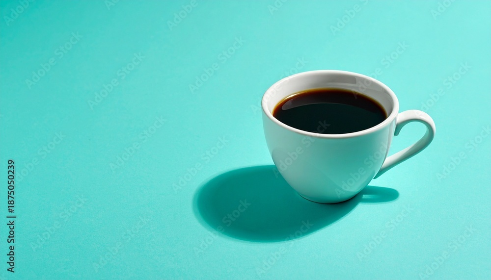 Fototapeta premium White ceramic cup of black coffee casting shadow on turquoise surface.