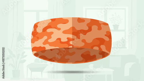 A vibrant orange camouflage headband floating in a minimalist, muted living room interior illustration
