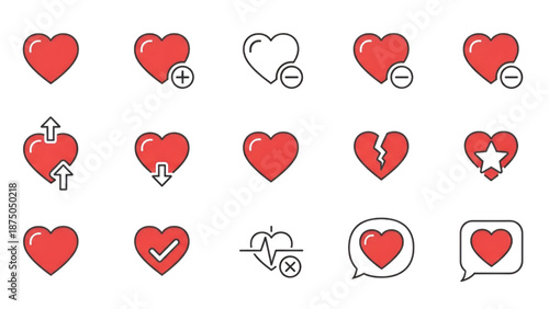 Red Heart Icons Set with Various Emotions and Symbols on White Background