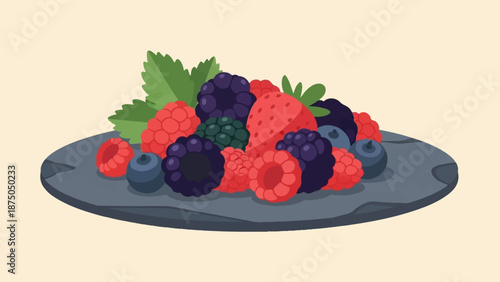 A vibrant, stylized illustration of mixed fresh berries on a dark slate plate