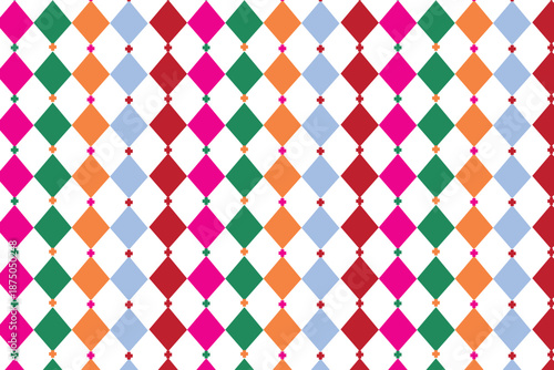 This image displays a vibrant, repeating geometric pattern against a white background. The design consists of vertical chains of colorful diamonds, arranged in columns. The diamonds are filled 