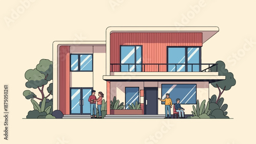 A warm-toned illustration of a modern two-story home with a balcony and people interacting outside