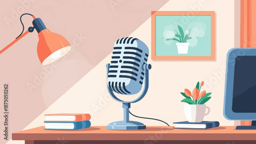 A vintage microphone on a desk with a lamp, books, and a computer, suggesting a podcasting studio