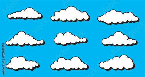 Collection of cartoon white clouds with shadows floating on a vibrant cyan background