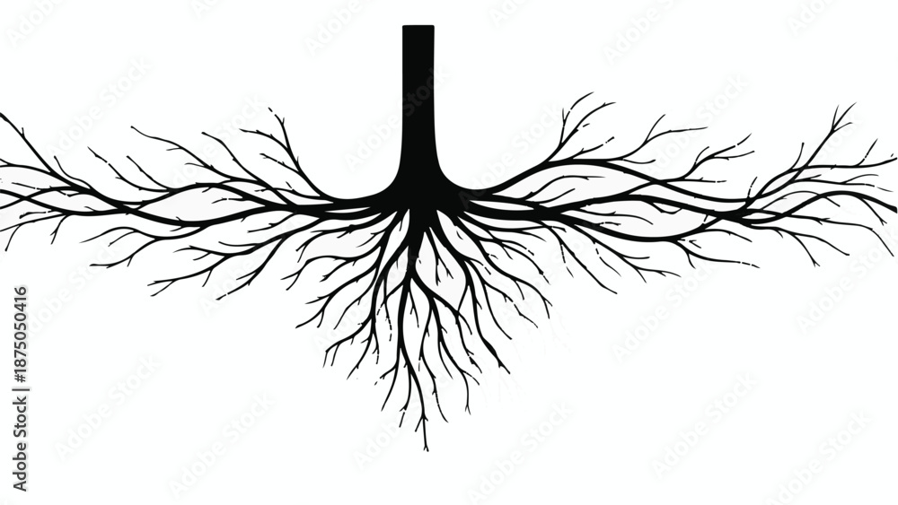 Obraz premium Intricate network of tree roots spreading outwards on a white background