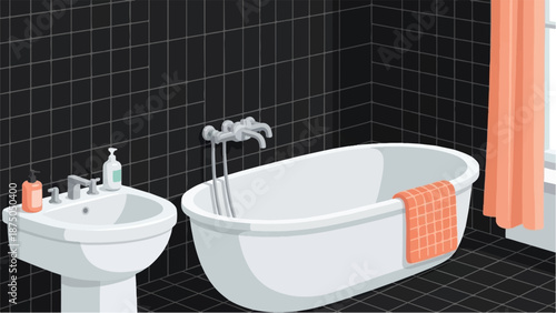 An illustrated bathroom with black tiles, a white freestanding tub, a sink, and orange accents