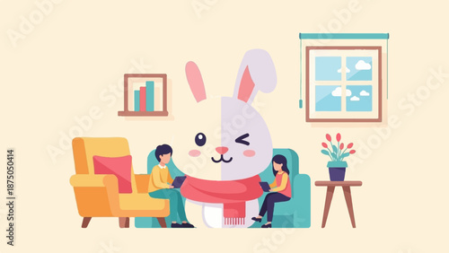 A whimsical flat illustration of a giant winking rabbit sitting between a man and woman on sofas