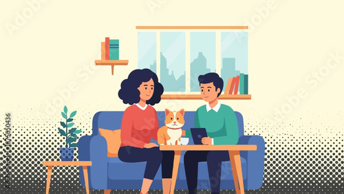 An illustrated couple relaxing on a couch with their pet cat, looking at a tablet together