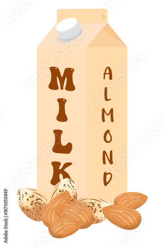 Vector illustration of an almond milk carton box with nuts isolated on white background. Plant-based dairy alternative and healthy vegan drink concept for organic lifestyle.