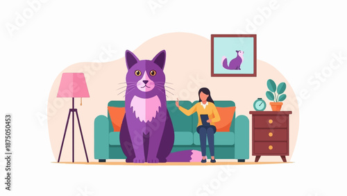 A whimsical flat illustration of a woman on a couch talking to a giant purple cat in a cozy room
