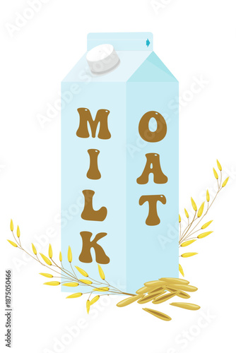 Vector illustration of an oat milk carton box with grains isolated on white background. Plant-based dairy alternative and healthy vegan drink concept.