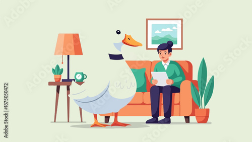 A whimsical illustration of a giant duck holding a mug beside a man relaxing on a couch at home