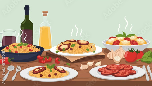 An illustrated feast of various pasta dishes, wine, and fresh ingredients on a wooden table