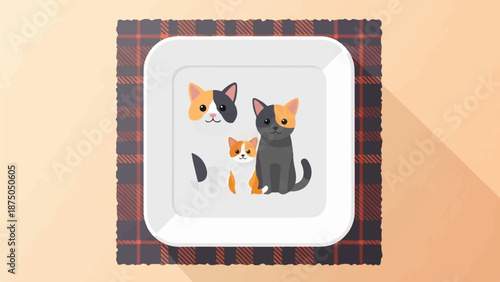 An illustration of a cat family, two adults and a kitten, on a plate atop a plaid placemat