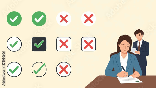 An illustration of a businesswoman signing a contract with a colleague and various check and cross marks