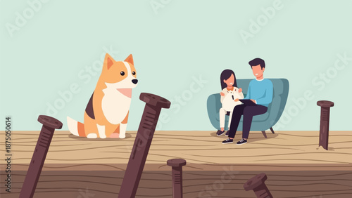 An illustration of a corgi separated by a floor of nails from a couple cuddling a cat on a sofa