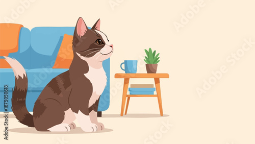An illustration of a content brown and white cat sitting patiently in a cozy, modern living room