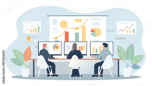 Business strategy session with team analyzing data on multiple screens in office