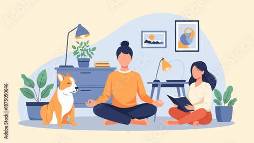 An illustration of a couple and their dog relaxing at home, meditating and reading in a cozy room