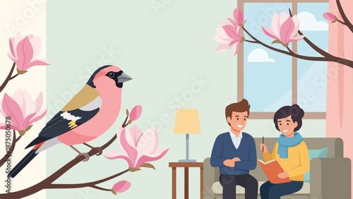 An illustration of a couple on a sofa with a bullfinch on a blooming magnolia branch nearby