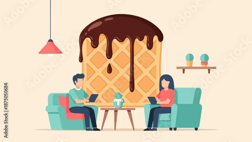 An illustration of a couple using laptops in front of a massive waffle with dripping chocolate sauce