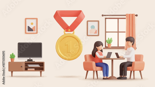 An illustration of a couple working on laptops with a large gold medal symbolizing success