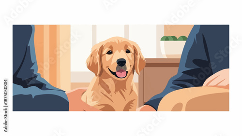 An illustration of a happy golden retriever puppy sitting between two people in a bright room