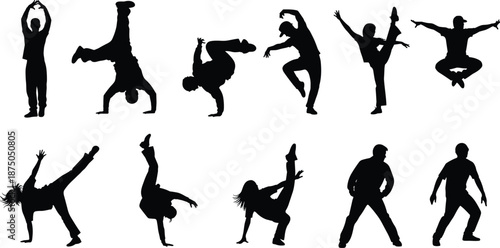 Silhouettes of breakdancers performing dynamic dance moves, acrobatic poses and jumps, hip-hop choreography and street dance concept isolated on white background for creative design projects.