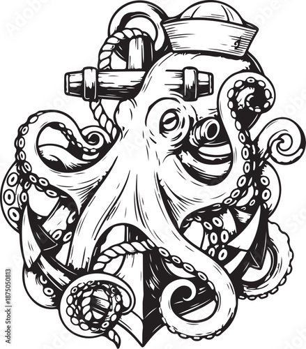 Octopus Anchor Nautical Tattoo Vector Set