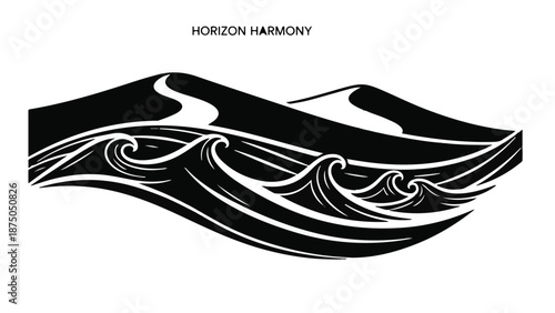 Stylized black and white illustration of ocean waves meeting rolling hills under a winding path.