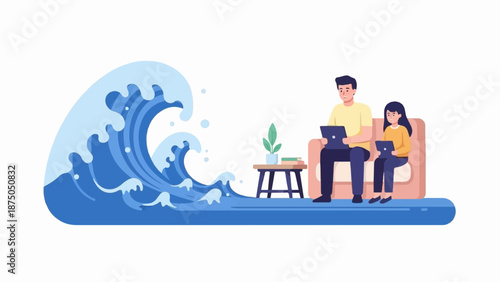 An illustration of a man and a girl on a sofa using laptops, unfazed by a giant looming wave