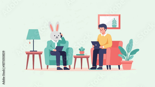 An illustration of a man and an anthropomorphic rabbit working on laptops in a cozy living room