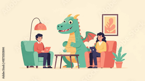 An illustration of a man and woman on laptops in armchairs with a friendly dragon between them