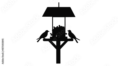 Silhouetted birds feeding from a garden bird feeder against a white background
