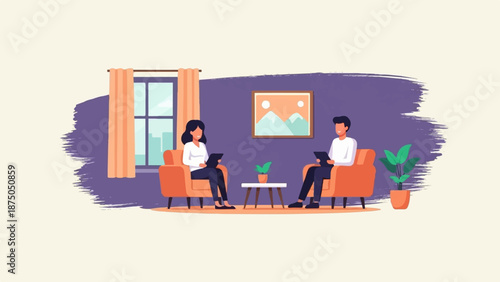 An illustration of a man and woman sitting in armchairs during a professional consultation session