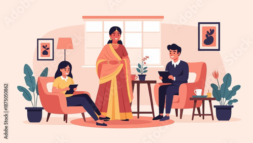 An illustration of a modern Indian family in a cozy living room, with a woman in a traditional sari