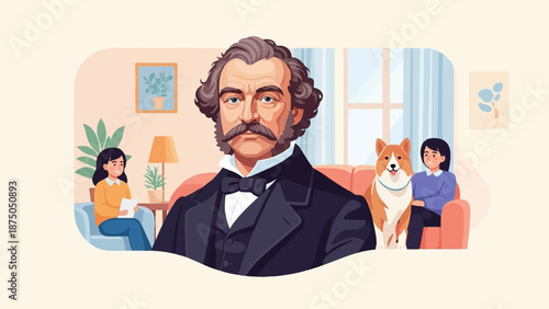 An illustration of a mustached historical figure in a modern living room with two women and a corgi