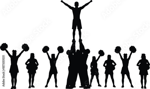 Silhouettes of cheerleaders forming a pyramid stunt with pom-poms, teamwork and performance concept, cheerleading choreography and sports spirit isolated on white background.