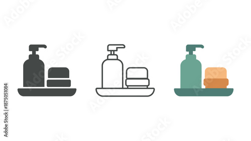 An illustration of three soap and lotion sets in different colors