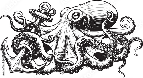 Octopus Anchor Nautical Tattoo Vector Set