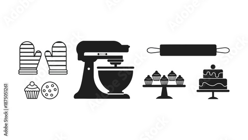 A collection of baking icons including mixers and desserts on a white background