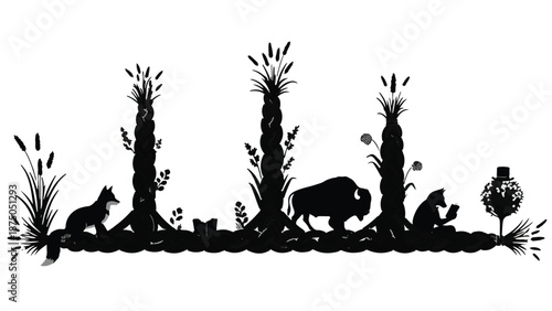 Whimsical silhouette scene of wild animals and a person enjoying nature