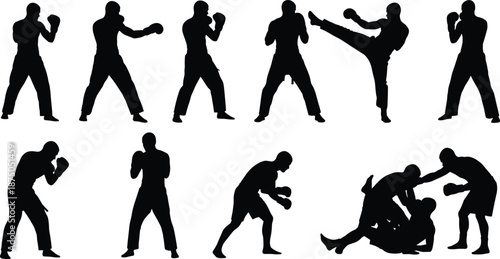 Silhouettes of fighters practicing boxing, kickboxing and mixed martial arts positions, combat sports training and fighting stances isolated on white background for fitness and self-defense design.