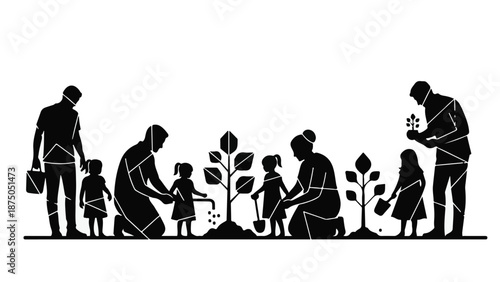 Family planting trees together, symbolizing growth and environmental care.