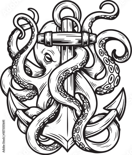 Octopus Anchor Nautical Tattoo Vector Set